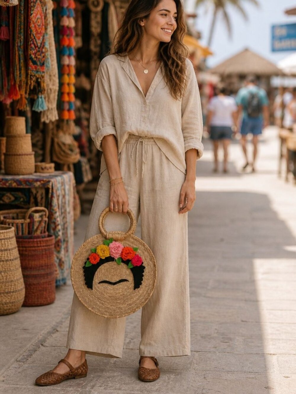 New Artisan Handmade Round Woven Straw Tote Bag Frida Kahlo 3D Felt Flowers
